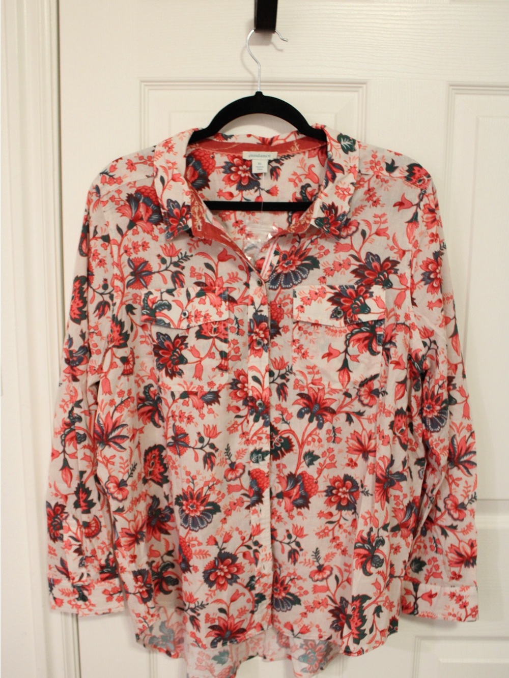 sundance boutique Floral Button-Down Shirt in Cream, Coral, Navy and Green